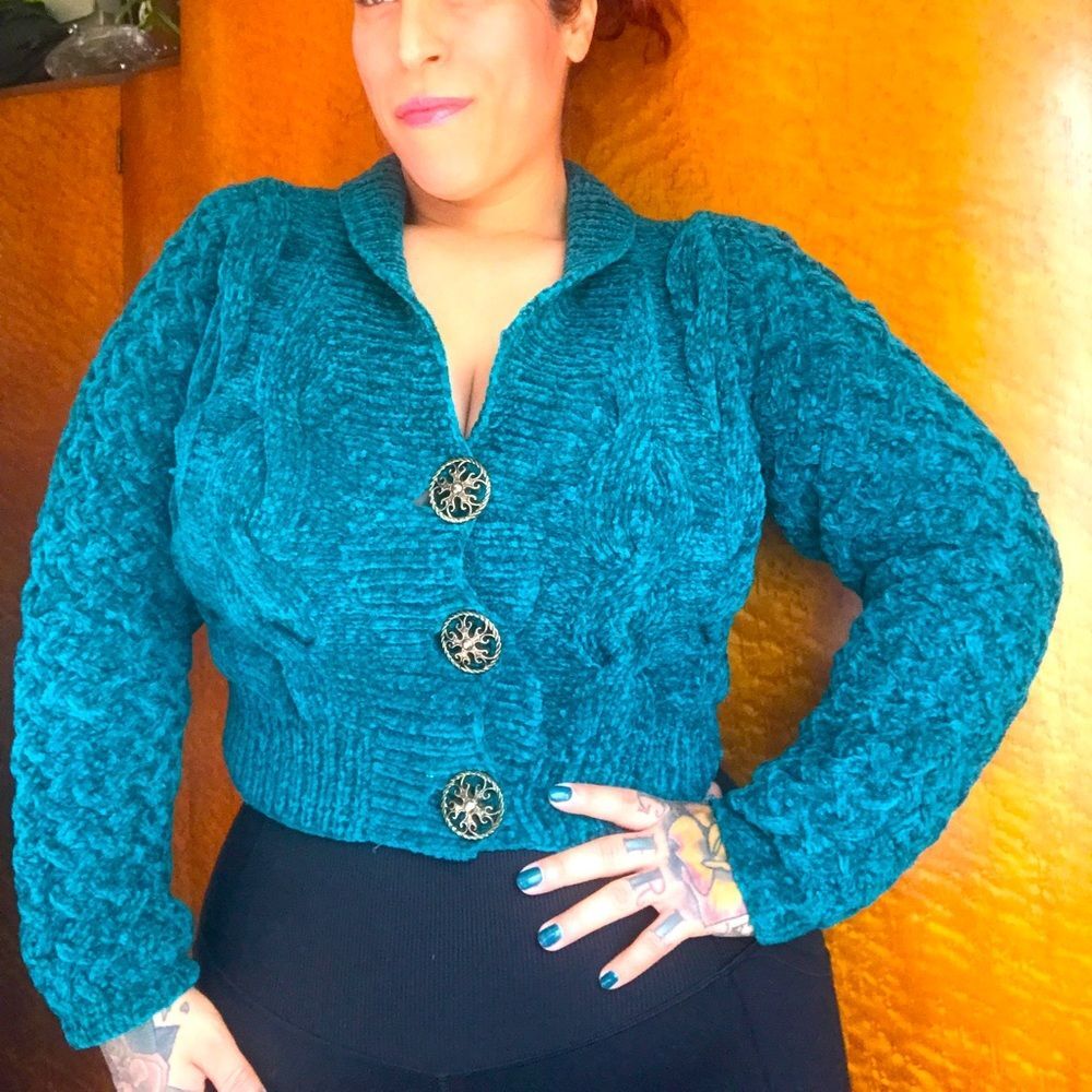 80’s 90’s Vintage Cropped Teal Cardigan Sweater M